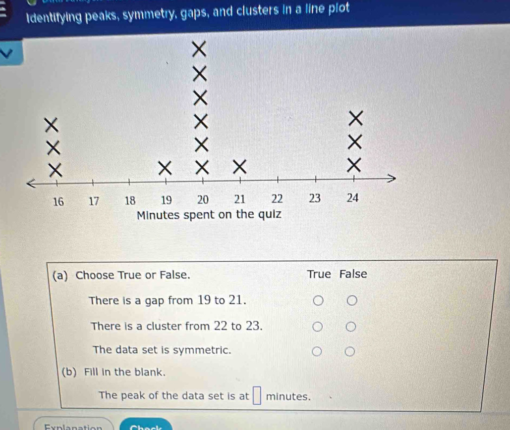 Identifying peaks, symmetry, gaps, and clusters in a line plot
(a) Choose True or False. True False
There is a gap from 19 to 21.
There is a cluster from 22 to 23.
The data set is symmetric.
(b) Fill in the blank.
The peak of the data set is at minutes.
xplanation