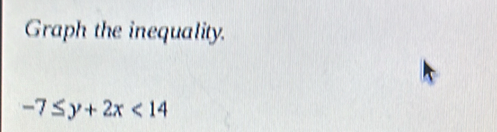 Graph the inequality.
-7≤ y+2x<14</tex>