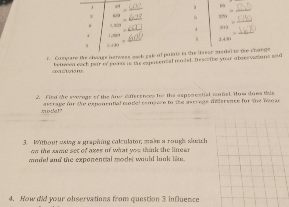 1 30 _ 99
2
_ 
_ 
_
2 630 270
3
3 1,230
_ 
> _ 810
4 
4 1,830
5
5 2.430 _ 2,430
1. Compare the change between each pair of points in the linear model to the change 
between each pair of points in the exponential model. Describe your observations and 
conclusions. 
2. Find the average of the four differences for the exponential model. How does this 
average for the exponential model compare to the average difference for the linear 
model? 
3. Without using a graphing calculator, make a rough sketch 
on the same set of axes of what you think the linear 
model and the exponential model would look like. 
4. How did your observations from question 3 influence