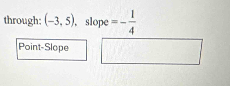 through: (-3,5) , slope =- 1/4 
Point-Slope