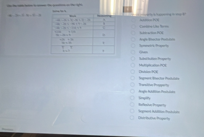 the the mhle below to answer the qusstions on the right .
folve for A.
2(-3(-3)=3(-3) ebperty is happening in step 8
Auuiion POE
Combine Like Terms
Sublraction POE
Angle Bisector Postulate
Symmetric Property
Given
Substitution Property
Multiplication POE
Division POE
Segment Bisector Postulate
Transitive Propperty
Argle Addition Postulate
Simplity
Reflexive Property
Segment Addition Postulate
Distributive Property