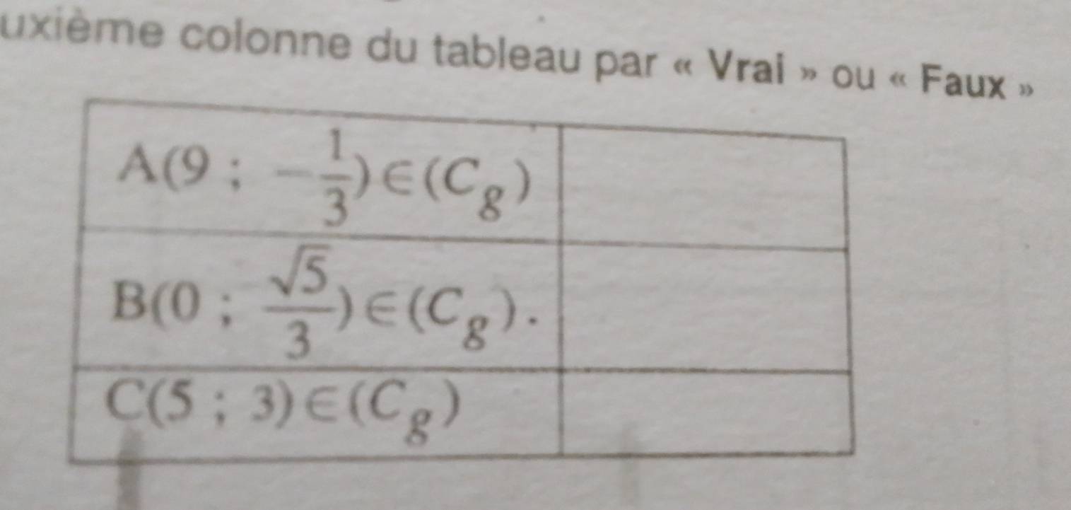 uxième colonne du tableau par « Vrai » ou « Faux »