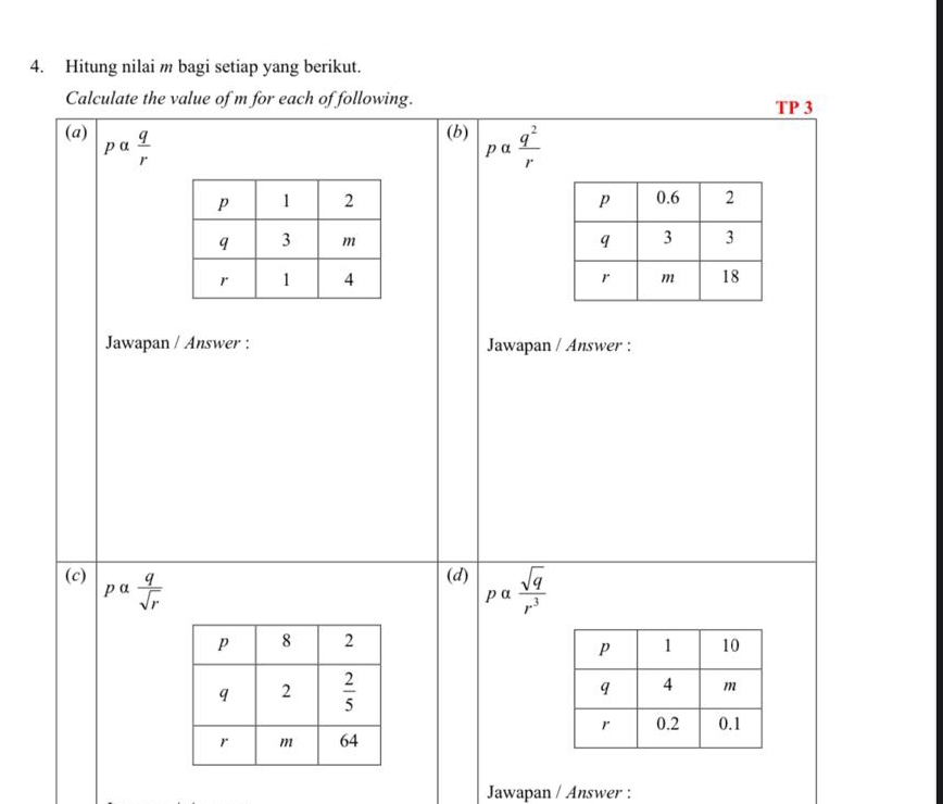 Hitung nilai m bagi setiap yang berikut.
Calculate the value of m for each of following. TP 3
(a)  q/r 
(b) palpha  q^2/r 
pa
 
 
 
Jawapan / Answer : Jawapan / Answer :
(d)
(c) palpha  q/sqrt(r)  palpha  sqrt(q)/r^3 

Jawapan / Answer :