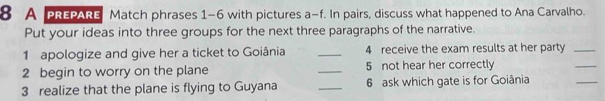 A PREPARE Match phrases 1-6 with pictures a-f. In pairs, discuss what happened to Ana Carvalho. 
Put your ideas into three groups for the next three paragraphs of the narrative. 
1 apologize and give her a ticket to Goiânia _4 receive the exam results at her party_ 
2 begin to worry on the plane _5 not hear her correctly 
_ 
3 realize that the plane is flying to Guyana _6 ask which gate is for Goiânia 
_