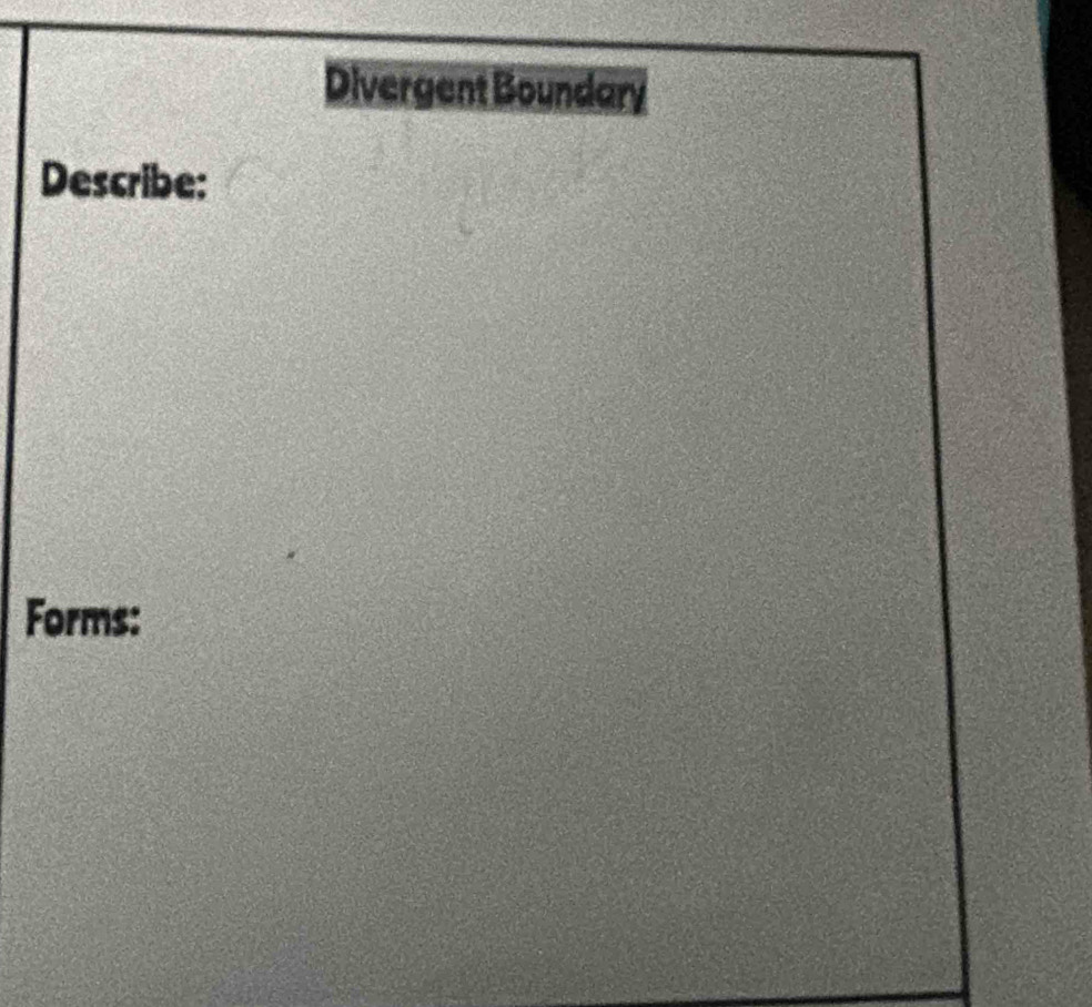 Divergent Boundary 
Describe: 
Forms: