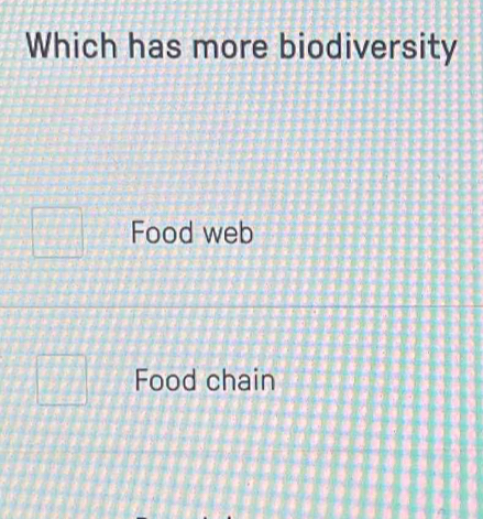 Which has more biodiversity
Food web
Food chain