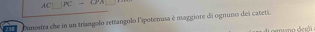 AC□ PCto CPA□
288 Dimostra che in un triangolo rettangolo l’ipotenusa è maggiore di ognuno dei cateti. 
di ognuno degli :