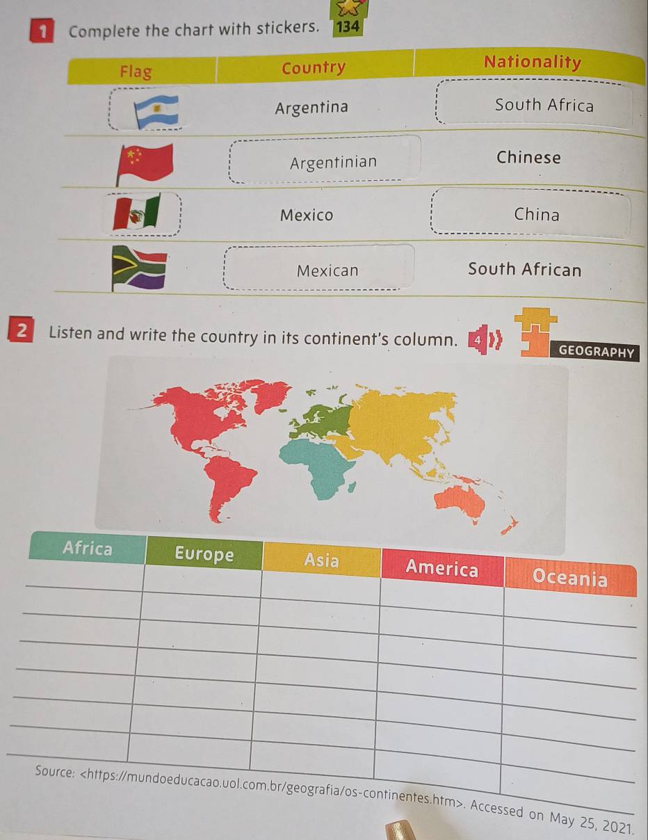 Complete the chart with stickers. 134 
2 Listen and write the country in its continent's column. GEOGRAPHY 
25, 2021