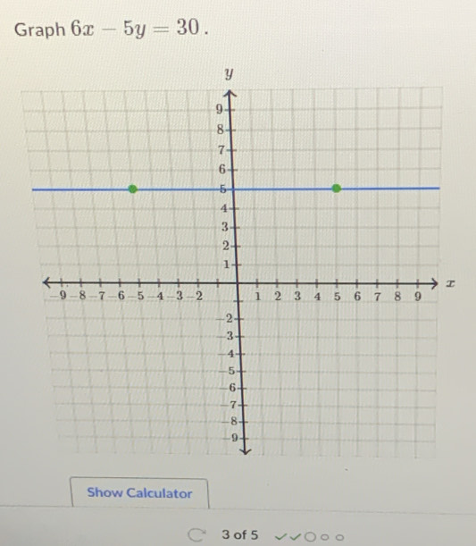 Graph 6x-5y=30. 
Show Calculator
3 of 5