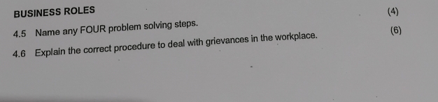 BUSINESS ROLES 
(4) 
4.5 Name any FOUR problem solving steps. 
(6) 
4.6 Explain the correct procedure to deal with grievances in the workplace.