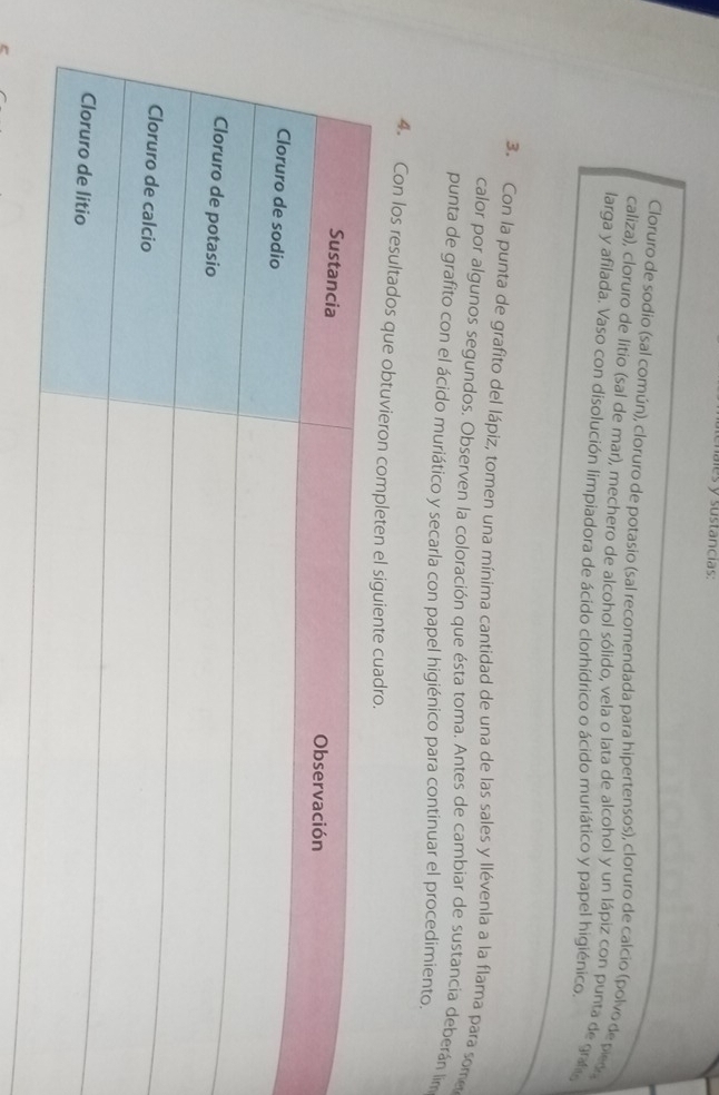 es y sustancias: 
Cloruro de sodio (sal común), cloruro de potasio (sal recomendada para hipertensos), cloruro de calcio (polvo de piedo 
caliza), cloruro de litio (sal de mar), mechero de alcohol sólido, vela o lata de alcohol y un lápiz con punta de gafo 
larga y afilada. Vaso con disolución limpiadora de ácido clorhídrico o ácido muriático y papel higiénico 
3. Con la punta de grafito del lápiz, tomen una mínima cantidad de una de las sales y llévenla a la flama para some 
calor por algunos segundos, Observen la coloración que ésta toma. Antes de cambiar de sustancia deberán lim 
punta de grafito con el ácido muriático y secarla con papel higiénico para continuar el procedimiento. 
4. Con los resultados que obtuv