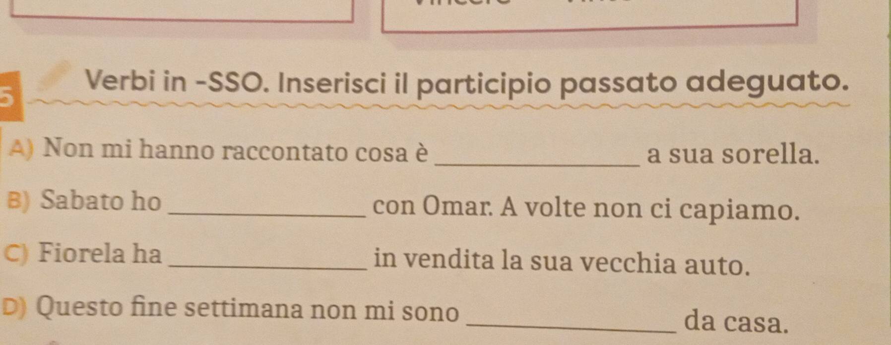 Verbi in -SSO. Inserisci il participio passato adeguato.
A) Non mi hanno raccontato cosa è_ a sua sorella.
B) Sabato ho _con Omar. A volte non ci capiamo.
C) Fiorela ha _in vendita la sua vecchia auto.
D) Questo fine settimana non mi sono _da casa.