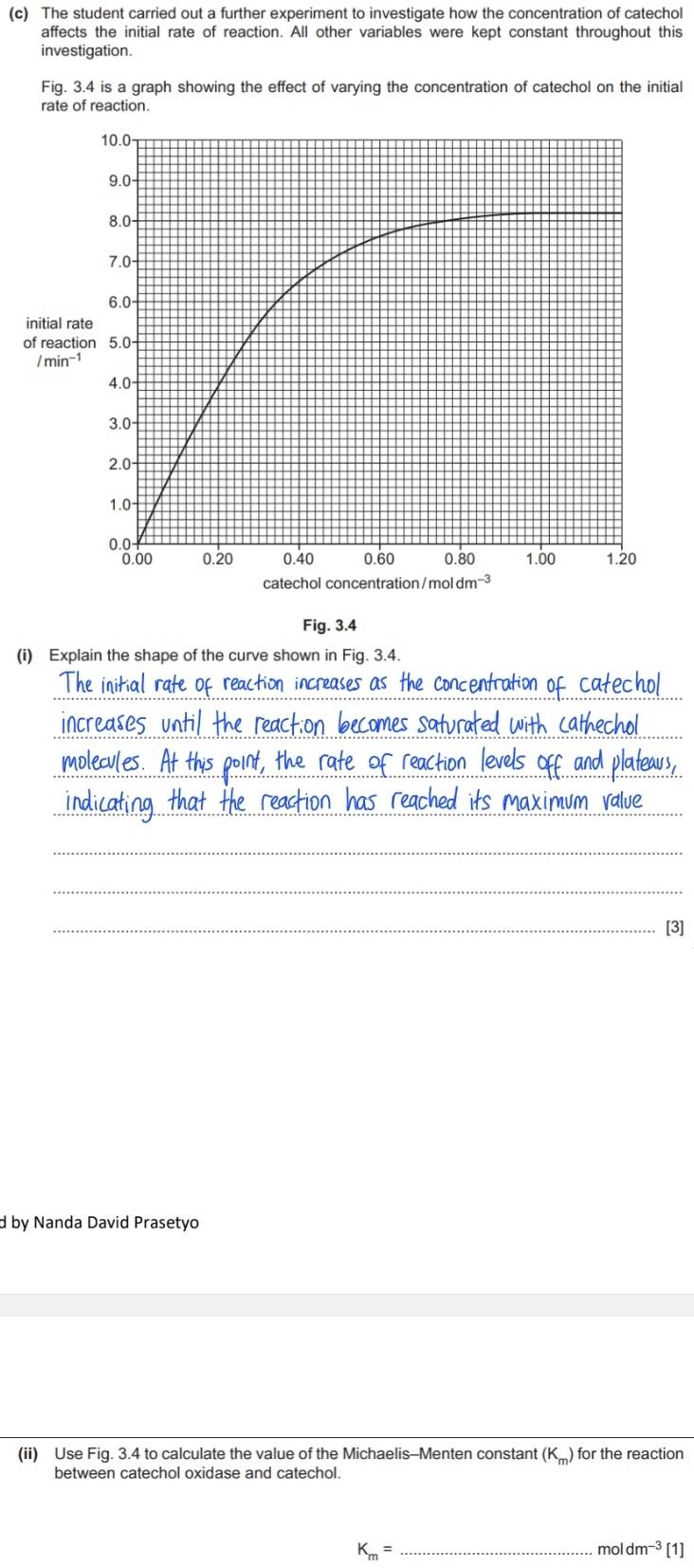 The student carried out a further experiment to investigate how the concentration of catechol 
affects the initial rate of reaction. All other variables were kept constant throughout this 
investigation. 
Fig. 3.4 is a graph showing the effect of varying the concentration of catechol on the initial 
rate of reaction. 
i 
o 
(i) Explain the shape of the curve shown in Fig. 3.4. 
_ 
_ 
_ 
__ 
naxi m v 
_ 
_ 
_[3] 
d by Nanda David Prasetyo 
(ii) Use Fig. 3.4 to calculate the value of the Michaelis-Menten constant (K_m) for the reaction 
between catechol oxidase and catechol.
K_m= _ mol dm^(-3)[1]