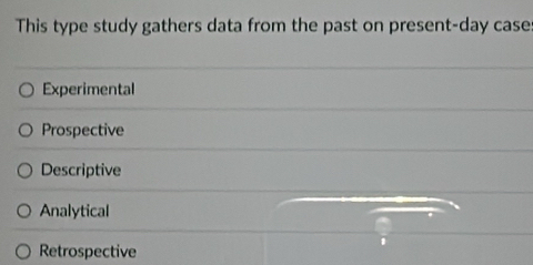 This type study gathers data from the past on present-day cases
Experimental
Prospective
Descriptive
Analytical
Retrospective