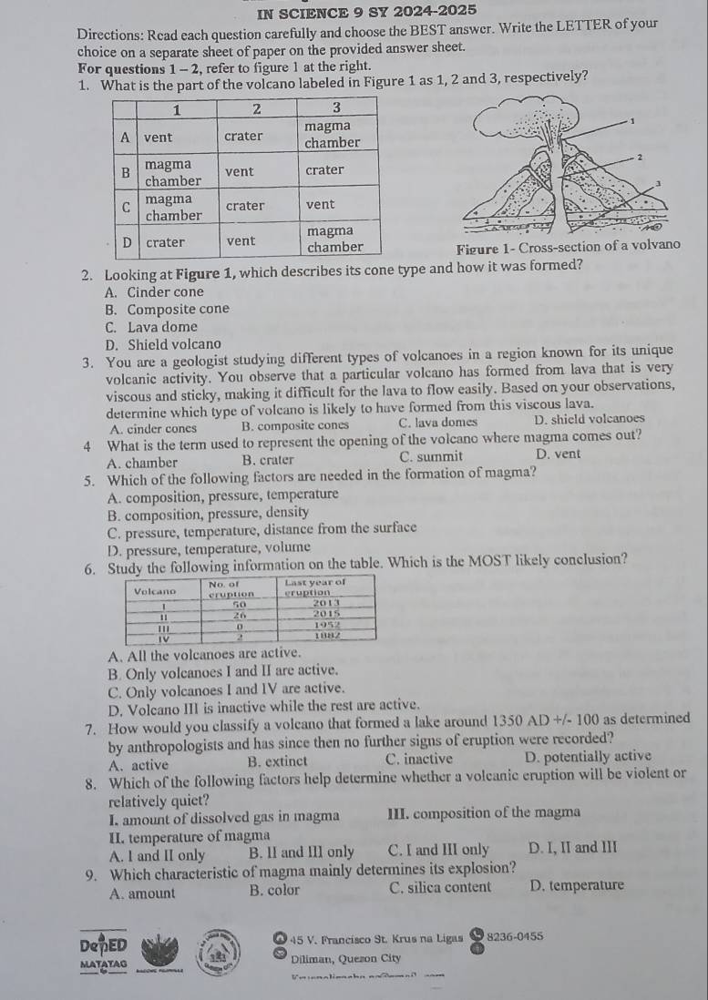 IN SCIENCE 9 SY 2024-2025
Directions: Read each question carefully and choose the BEST answer. Write the LETTER of your
choice on a separate sheet of paper on the provided answer sheet.
For questions 1 - 2, refer to figure 1 at the right.
1. What is the part of the volcano labeled in Figure 1 as 1, 2 and 3, respectively?
Figure 1- Cross-section of a volvano
2. Looking at Figure 1, which describes its cone type and how it was formed?
A. Cinder cone
B. Composite cone
C. Lava dome
D. Shield volcano
3. You are a geologist studying different types of volcanoes in a region known for its unique
volcanic activity. You observe that a particular volcano has formed from lava that is very
viscous and sticky, making it difficult for the lava to flow easily. Based on your observations,
determine which type of volcano is likely to have formed from this viscous lava.
A. cinder cones B. composite cones C. lava domes D. shield volcanoes
4 What is the term used to represent the opening of the volcano where magma comes out?
A. chamber B. crater C. summit D. vent
5. Which of the following factors are needed in the formation of magma?
A. composition, pressure, temperature
B. composition, pressure, density
C. pressure, temperature, distance from the surface
D. pressure, temperature, volume
6. Study the following information on the table. Which is the MOST likely conclusion?
A. All the volcanoes are active.
B. Only volcanoes I and II are active.
C. Only volcanoes I and IV are active.
D. Volcano III is inactive while the rest are active.
7. How would you classify a volcano that formed a lake around 1350 AD +/- 100 as determined
by anthropologists and has since then no further signs of eruption were recorded?
A. active B. extinct C. inactive D. potentially active
8. Which of the following factors help determine whether a volcanic eruption will be violent or
relatively quiet?
I. amount of dissolved gas in magma III. composition of the magma
II. temperature of magma
A. I and II only B. lI and III only C. I and III only D. I, II and III
9. Which characteristic of magma mainly determines its explosion?
A. amount B. color C. silica content D. temperature
DePED 45 V. Francísco St. Krus na Ligas 8236-0455
MATATAG Diliman, Quezon City