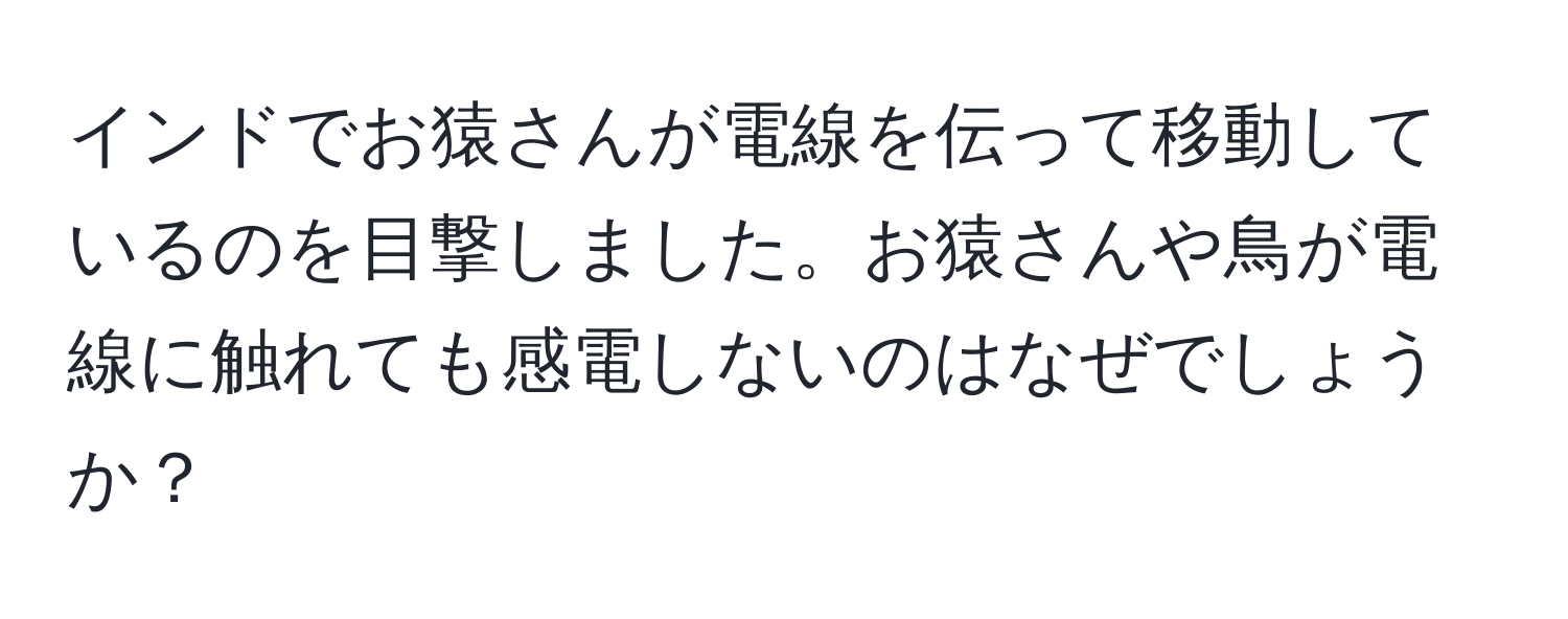 インドでお猿さんが電線を伝って移動しているのを目撃しました。お猿さんや鳥が電線に触れても感電しないのはなぜでしょうか？