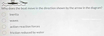 Why does the boat move in the direction shown by the arrow in the diagram?
inertia
waves
action-reaction forces
friction reduced by water