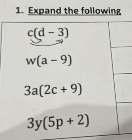 Expand the following
c(d-3)
w(a-9)
3a(2c+9)
3y(5p+2)