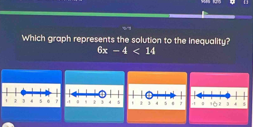 9686 8215 
10/15 
Which graph represents the solution to the inequality?
6x-4<14</tex>