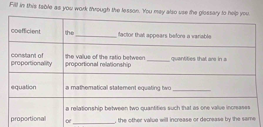 Fill in this table as you work through the lesson. You may also use t 
or _