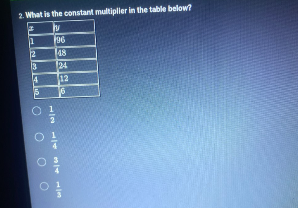 What is the constant multiplier in the table below?
 1/2 
 1/4 
 3/4 
 1/3 