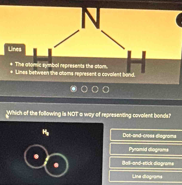 Lines
The atomic symbol represents the atom.
Lines between the atoms represent a covalent bond.
Which of the following is NOT a way of representing covalent bonds?
Dot-and-cross diagrams
Pyramid diagrams
a
Ball-and-stick diagrams
Line diagrams