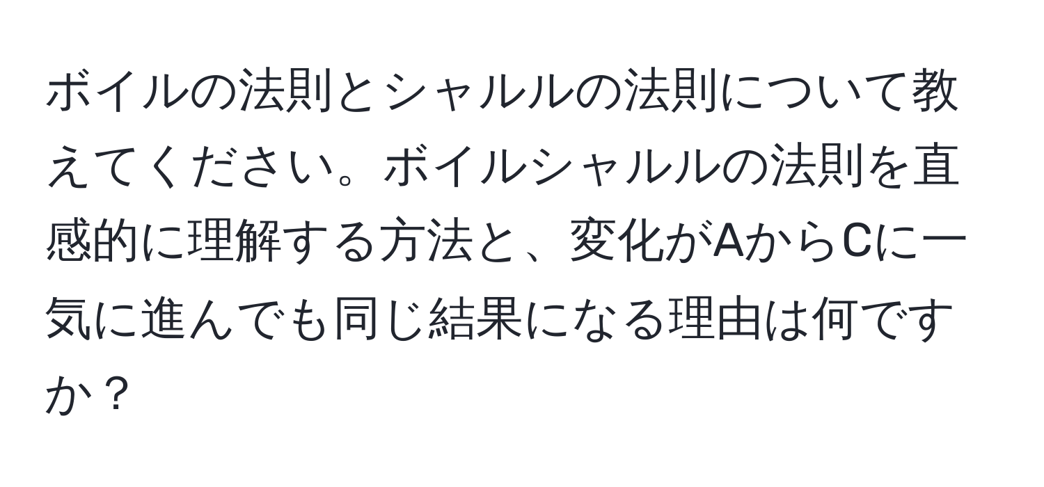 ボイルの法則とシャルルの法則について教えてください。ボイルシャルルの法則を直感的に理解する方法と、変化がAからCに一気に進んでも同じ結果になる理由は何ですか？