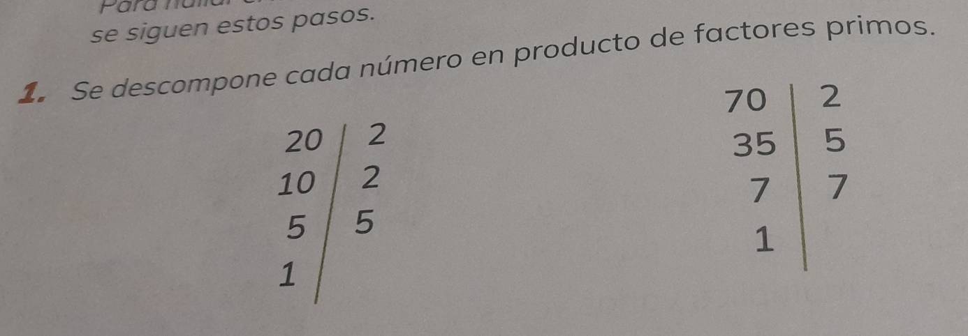 se siguen estos pasos.
1. Se descompone cada número en producto de factores primos.
beginarrayr 20|2 10|2 5|25 5