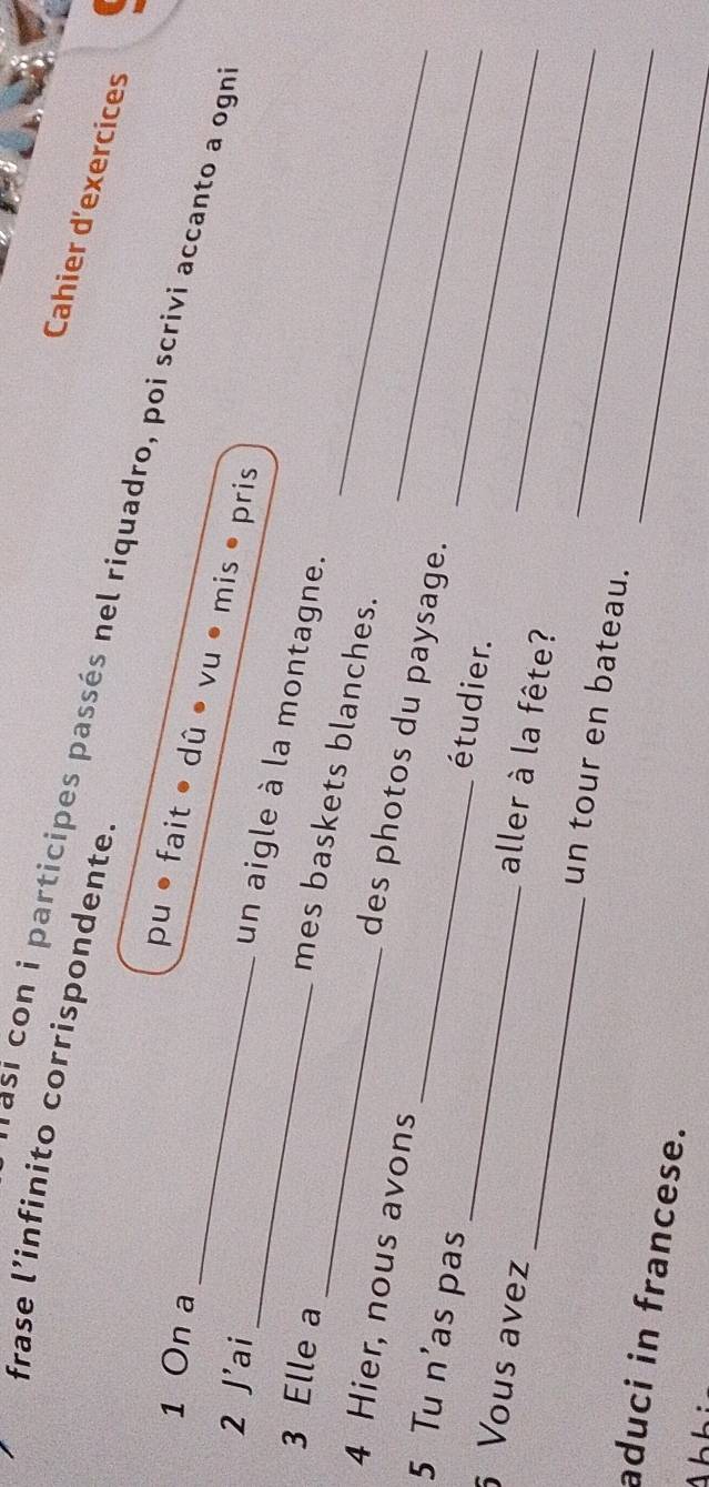 frase l’infinito corrispondente. 
Cahier d'exercices 
_rasi con i participes passés nel riquadro, poi scrivi accanto a ogn 
1 On a 
pu o fait • dû • vu • mis • pris 
2 J'ai 
_un aigle à la montagne. 
3 Elle a 
_mes baskets blanches._ 
des photos du paysage. 
4 Hier, nous avons étudier._ 
5 Tu n'as pas __aller à la fête?_ 
5 Vous avez _un tour en bateau.__ 
aduci in francese. 
Nhh 
_