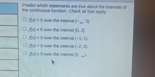 Predict which statements are true about the intervals of
the continuous function. Check all that apply.
f(x)>0 over the interval (-_∈fty ,3).
f(x)≤ 0 over the interval [0,2].
f(x)<0</tex> over the interval (-1,1).
f(x)>0 over the interval (-2,0).
f(x)≥ 0 over the interval [2,_∈fty ).