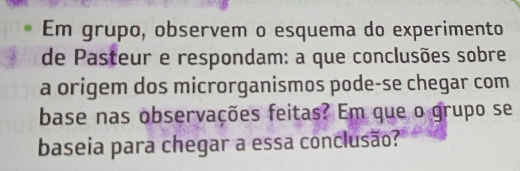 Em grupo, observem o esquema do experimento 
de Pasteur e respondam: a que conclusões sobre 
a origem dos microrganismos pode-se chegar com 
base nas observações feitas? Em que o grupo se 
baseia para chegar a essa conclusão?