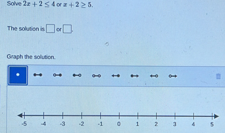 Solve 2x+2≤ 4 or x+2≥ 5. 
The solution is □ or □. 
Graph the solution. 
.