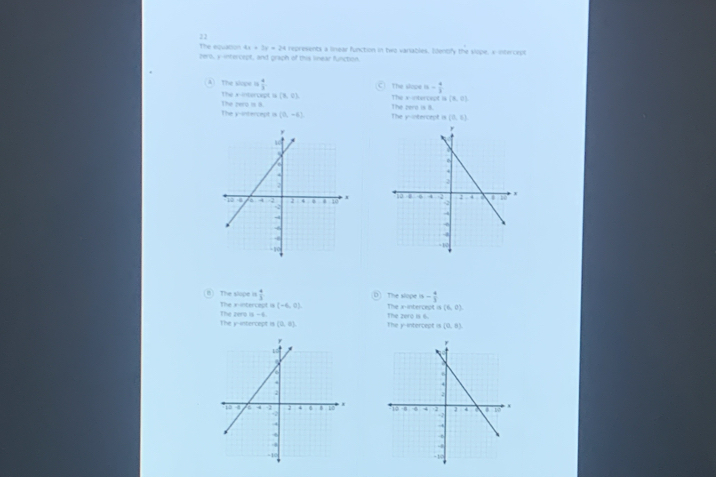 22
4x+2y=24
The equation zert, y-intercept, and graph of this linear function. represents a linear function in two variables. Identify the slope, s intercept
The slope = 4/3 
The x-intercept la (8,0). The slope is - 4/3 
The zero is 8. The x -otercept is (8,0)
(0,-6) The y-intercept a (0,5)
The y-intercept is The pero is 8.

B ： The slope i  4/3  D The slope =- 4/3 
(-6,0) The x-intercept is (6,0)
The xintercept is The zero is -6. The zero 1 6
The y-intercept i (0,6) The y-intercept is (0,0)