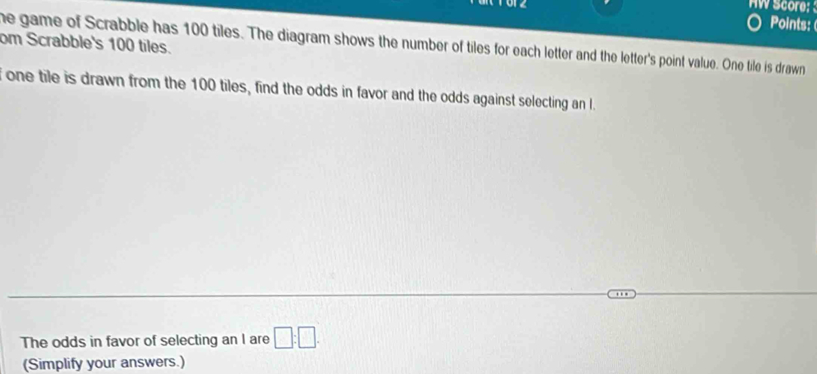 Score: 
Points: 
om Scrabble's 100 tiles. 
he game of Scrabble has 100 tiles. The diagram shows the number of tiles for each letter and the letter's point value. One tile is drawn 
f one tile is drawn from the 100 tiles, find the odds in favor and the odds against selecting an l. 
The odds in favor of selecting an I are □ :□. 
(Simplify your answers.)