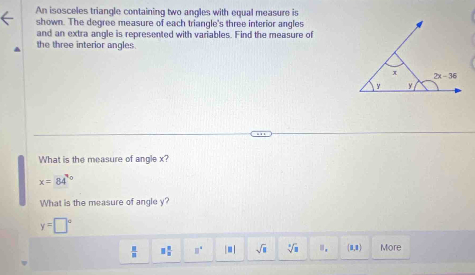 Solved: An isosceles triangle containing two angles with equal measure ...