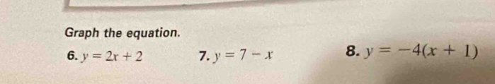 Graph the equation.
6. y=2x+2 7. y=7-x 8. y=-4(x+1)