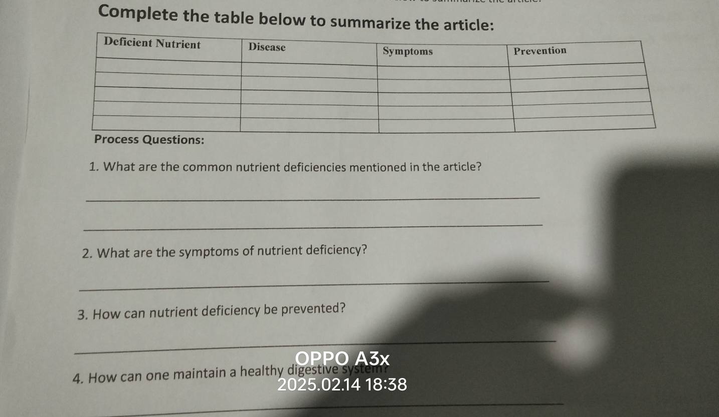 Complete the table below to summarize the article: 
1. What are the common nutrient deficiencies mentioned in the article? 
_ 
_ 
2. What are the symptoms of nutrient deficiency? 
_ 
3. How can nutrient deficiency be prevented? 
_ 
OPPO A3x 
4. How can one maintain a healthy digestive system 
2025.02.14 a 18:38
_ 
_