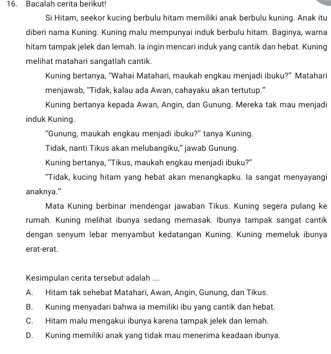 Bacalah cerita berikut!
Si Hitam, seekor kucing berbulu hitam memiliki anak berbulu kuning. Anak itu
diberi nama Kuning. Kuning malu mempunyai induk berbulu hitam. Baginya, warna
hitam tampak jelek dan lemah. Ia ingin mencari induk yang cantik dan hebat. Kuning
melihat matahari sangatlah cantik.
Kuning bertanya, “Wahai Matahari, maukah engkau menjadi ibuku?” Matahari
menjawab, “Tidak, kalau ada Awan, cahayaku akan tertutup.”
Kuning bertanya kepada Awan, Angin, dan Gunung. Mereka tak mau menjadi
induk Kuning.
“Gunung, maukah engkau menjadi ibuku?” tanya Kuning.
Tidak, nanti Tikus akan melubangiku,” jawab Gunung.
Kuning bertanya, “Tikus, maukah engkau menjadi ibuku?”
“Tidak, kucing hitam yang hebat akan menangkapku. Ia sangat menyayangi
anaknya.”
Mata Kuning berbinar mendengar jawaban Tikus. Kuning segera pulang ke
rumah. Kuning melihat ibunya sedang memasak. Ibunya tampak sangat cantik
dengan senyum lebar menyambut kedatangan Kuning. Kuning memeluk ibunya
erat-erat.
Kesimpulan cerita tersebut adalah ....
A. Hitam tak sehebat Matahari, Awan, Angin, Gunung, dan Tikus.
B. Kuning menyadari bahwa ia memiliki ibu yang cantik dan hebat.
C. Hitam malu mengakui ibunya karena tampak jelek dan lemah.
D. Kuning memiliki anak yang tidak mau menerima keadaan ibunya.