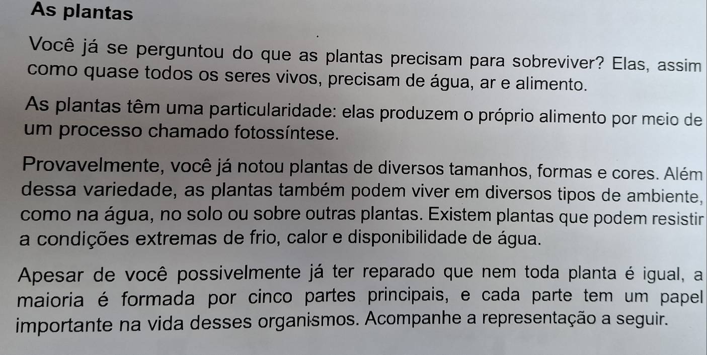 As plantas 
Você já se perguntou do que as plantas precisam para sobreviver? Elas, assim 
como quase todos os seres vivos, precisam de água, ar e alimento. 
As plantas têm uma particularidade: elas produzem o próprio alimento por meio de 
um processo chamado fotossíntese. 
Provavelmente, você já notou plantas de diversos tamanhos, formas e cores. Além 
dessa variedade, as plantas também podem viver em diversos tipos de ambiente, 
como na água, no solo ou sobre outras plantas. Existem plantas que podem resistir 
a condições extremas de frio, calor e disponibilidade de água. 
Apesar de você possivelmente já ter reparado que nem toda planta é igual, a 
maioria é formada por cinco partes principais, e cada parte tem um papel 
importante na vida desses organismos. Acompanhe a representação a seguir.