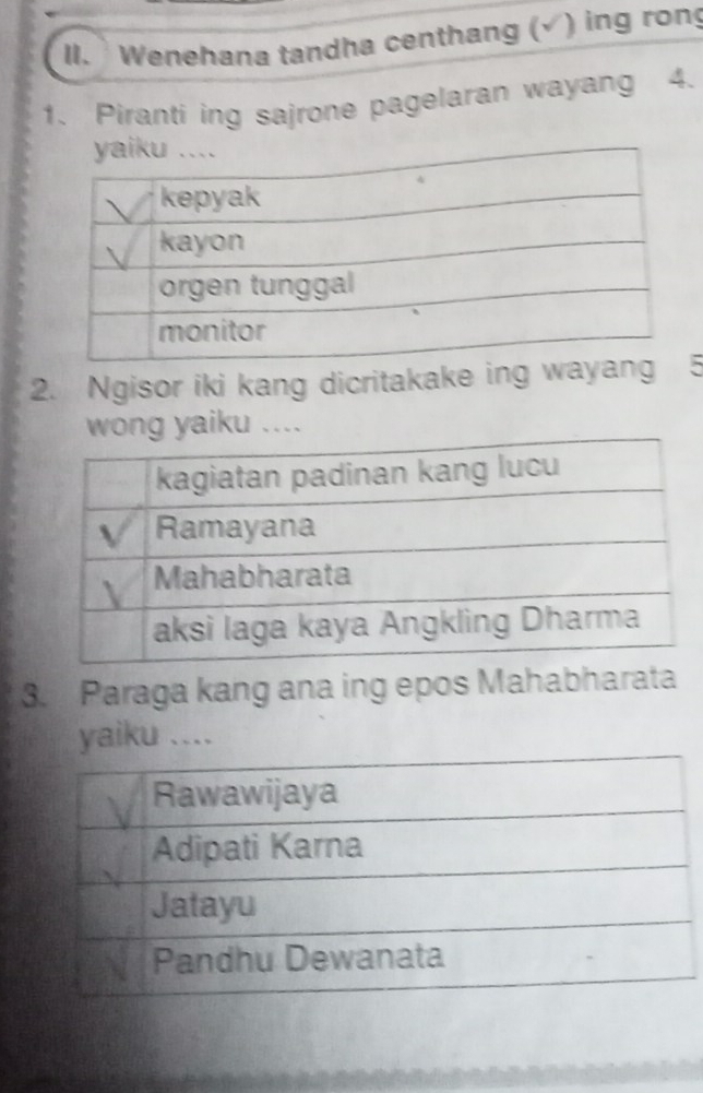 Wenehana tandha centhang (√ ) ing ron 
1. Piranti ing sajrone pagelaran wayang 4. 
2. Ngisor iki kang dicritakake ing way 
wong yaiku .... 
3. Paraga kang ana ing epos Mahabharata 
yaiku ....