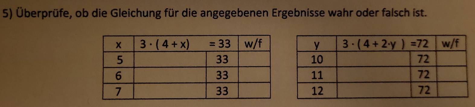 Überprüfe, ob die Gleichung für die angegebenen Ergebnisse wahr oder falsch ist.