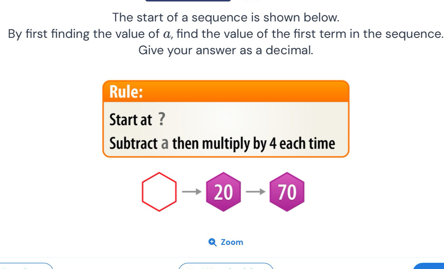 The start of a sequence is shown below. 
By first finding the value of a, find the value of the first term in the sequence. 
Give your answer as a decimal. 
Rule: 
Start at ? 
Subtract a then multiply by 4 each time
20
70
Zoom