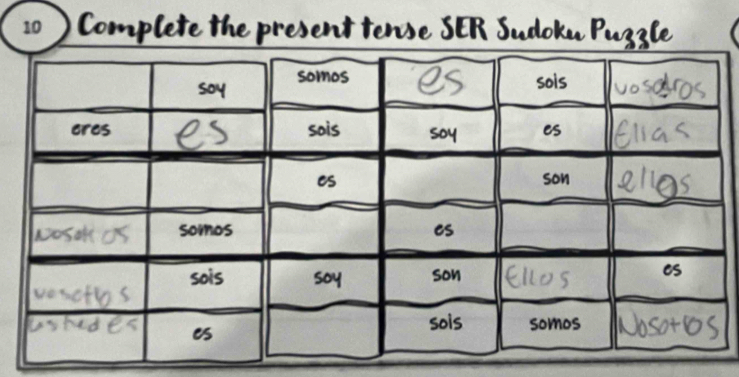 10 ) Complete the present tense SER Sudoku Puzzle