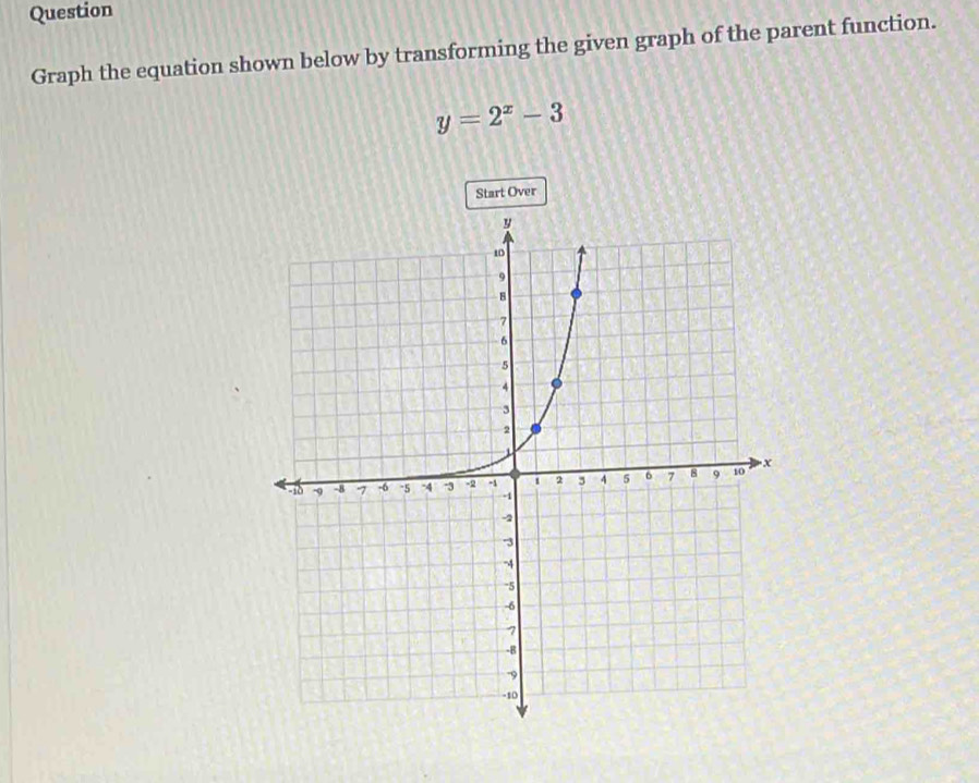 Question 
Graph the equation shown below by transforming the given graph of the parent function.
y=2^x-3
Start Over