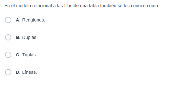 En el modelo relacional a las filas de una tabla también se les conoce como:
A. Renglones.
B. Duplas.
C. Tuplas
D. Líneas.