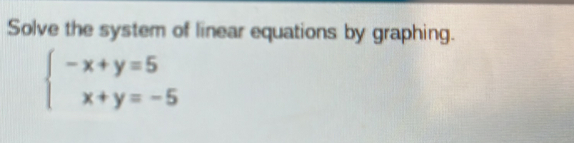 Solve the system of linear equations by graphing.
beginarrayl -x+y=5 x+y=-5endarray.