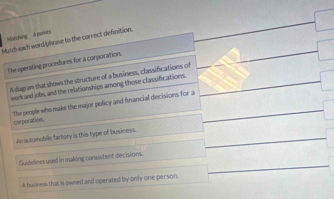 Matching 6 points 
Match each word/phrase to the correct definition. 
The operating procedures for a corporation. 
A diagram that shows the structure of a business, classifications of 
work and jobs, and the relationships among those classifcations. 
The people who make the major policy and fnancial decisions for a 
corporation. 
An automobile factory is this type of business. 
Guidelines used in making consistent decisions. 
A business that is owned and operated by only one person.