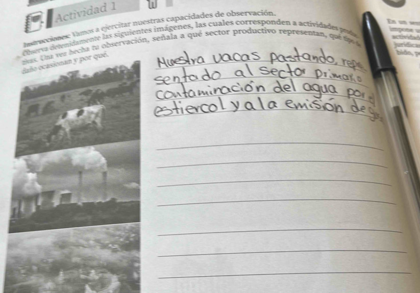 Actividad 1 
u 
Insevaciones: Vamos a ejercitar nuestras capacidades de observación. 
m pote 
Csnrva detenidamente las siguientes imágenes, las cuales corresponden a actividades prode actinds 
n decha tu observación, señala a qué sector productivo representan, qué te jurídica 
_ 
bidn 
_ 
_ 
_ 
_ 
_ 
_ 
_ 
_ 
_ 
_ 
_