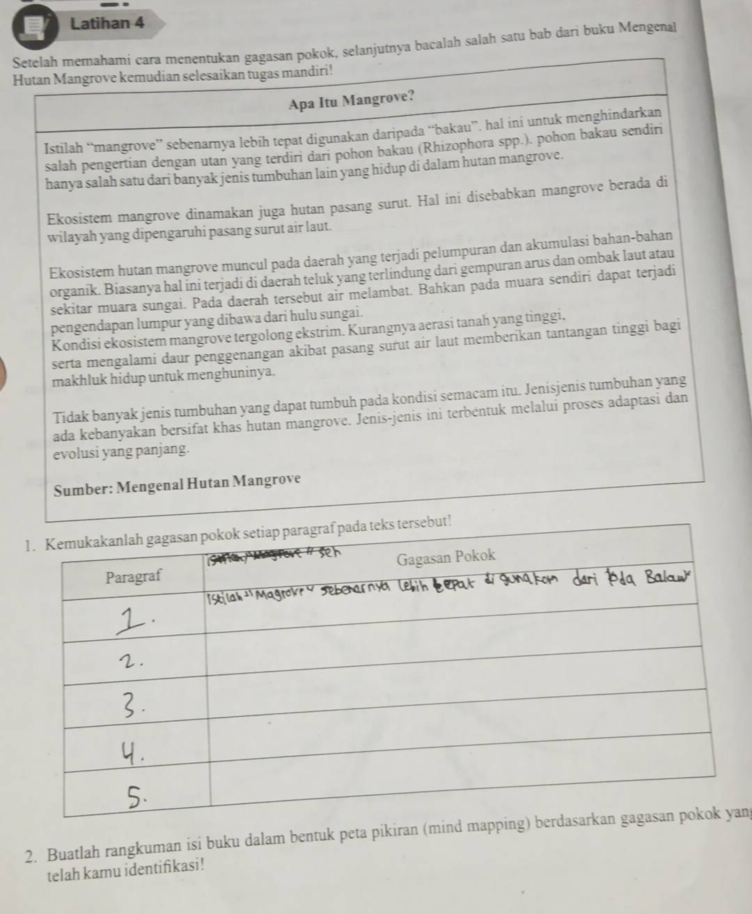 Latihan 4 
Seacalah salah satu bab dari buku Mengenal 
H 
2. Buatlah rangkuman isi buku dalam bentuk peta pikiran (mindan 
telah kamu identifikasi!