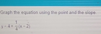 Graph the equation using the point and the slope.
y-4= 1/4 (x-2)